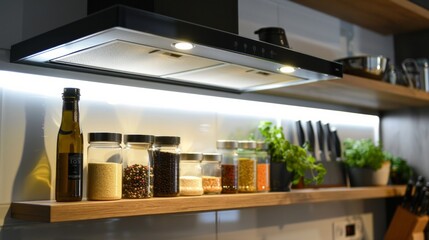 Elegant kitchen interior with modern range hood over cooktop and stylish furniture