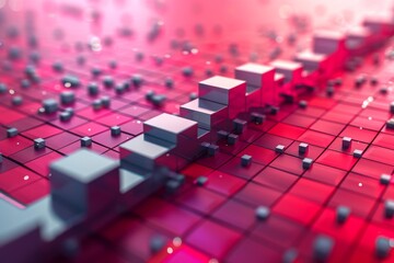 3d upward growth chart on red background with squares pixels, Network square grid digital technologies, semi-transparent glass materials, plastic