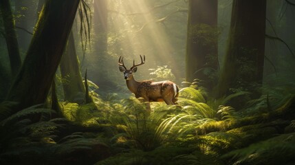 deer against the backdrop of wildlife in the forest with sunlight