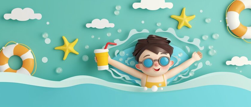 paper craft illustration, happy young boy drinking soda pop while chill swimming in pool summer theme