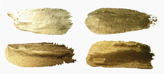 Gold paint brush smear stroke. Hand drawing gold brush glittering textured art illustration. Abstract golden paint brush stroke design element. Gold paint stokes isolated on white background.