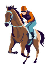 Jockey riding racehorse on a fast speed, flat style  illustration. Horse racing tournament