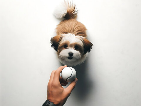 adorable white puppy playing with a ball in a studio setting