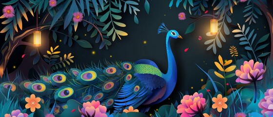 Obraz premium paper craft cartoon illustration, elegance whimsical peacock in enchanted forest 