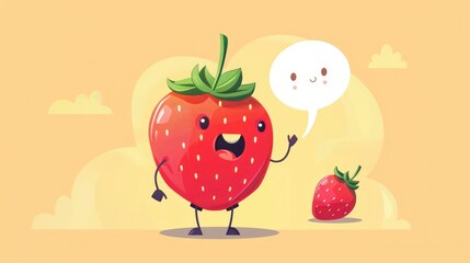 Illustration of a charming cartoon character with a speech bubble representing a strawberry artist