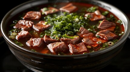 a bowl of pho steaming with lots of thin beef and brisket, black background, ultra-detailed, hyper-realistic, 8K resolution,