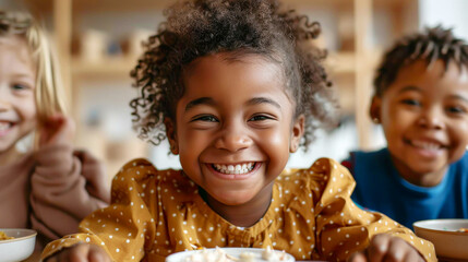 Happy smiling African American girl sitting by the desk with schoolmates in the school cafeteria and eating lunch. Education, school concept.