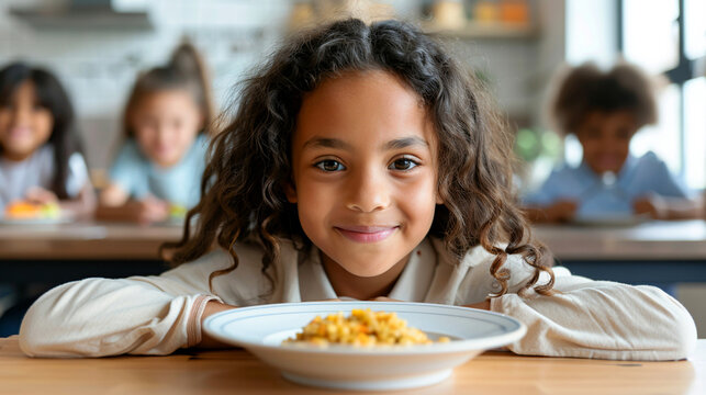 Young smiling African American girl sitting in the school cafeteria and eating lunch. Education, school concept. - Powered by Adobe