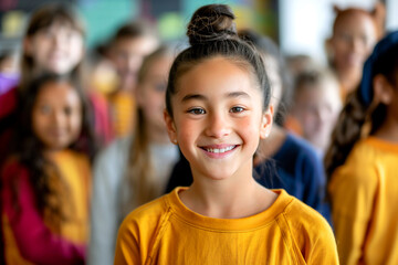 Fototapeta premium Smiling Asian schoolgirl in yellow t-shirt standing with classmates in classroom. School, education concept. Back to school.
