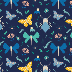 Seamless Insect Pattern with Butterflies, Dragonflies, and Ants - Vector Background