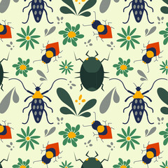 Vibrant seamless pattern with cute bugs beetles with floral nature