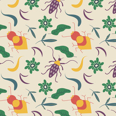 Hand drawn seamless pattern with insects and flowers botanical background