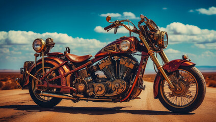 Obraz premium A custom motorcycle in an authentic creative workshop. Motorcycle in vintage steampunk style