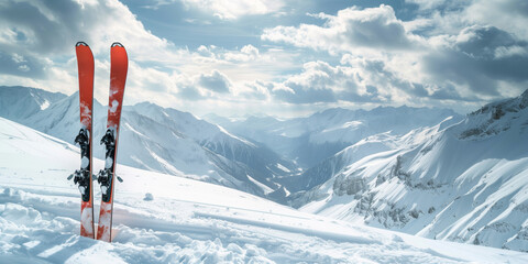 Pair of skis standing upright in fresh snow - a mountain landscape in the background - skiing