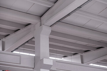 Column detail view of the prefabricated (precast) reinforced concrete industrial building. Fast...