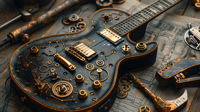 A steampunk-inspired guitar with cogs, gears and brass, set against an industrial workshop background