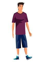 Shoe store scene. Young guy chooses new pair of running sneakers in department of sports shoes. Male consultant helps buyer with purchase