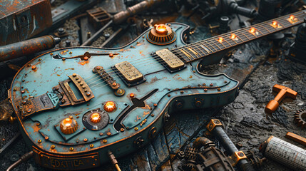 A steampunk-inspired guitar with cogs, gears and brass, set against an industrial workshop background