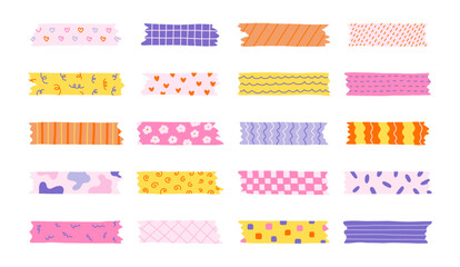 Big cartoon set of washi tape stripes with squiggle, geometry and cute pattern. Vector adhesive tapes with colorful hand drawn memphis ornament. Trendy decorative scotch tape with ragged edges.
