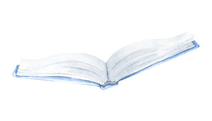 The book is open, I am reading a book, a diary, a notebook, a blue school notebook. Vintage watercolor illustration hand drawn