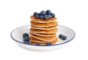 Plate with tasty pancakes and blueberries isolated on white background
