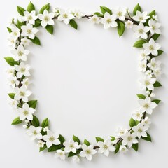 A delicate arrangement of white jasmine flowers forming a square frame on a white background. The minimalistic design highlights the beauty and elegance of the blossoms.