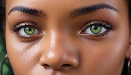 African American woman, green eyes, intense stare, closeup