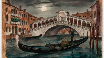 An exquisite 15th-century watercolor painting of a man fishing from a gondola in the enchanting city of Venice.
