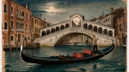 An exquisite 15th-century watercolor painting of a man fishing from a gondola in the enchanting city of Venice.