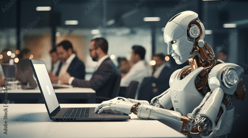 Poster advanced humanoid robot working on laptop ai generated portrait image