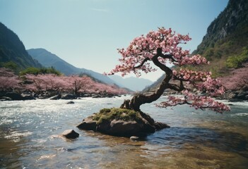 A cherry blossom tree in full bloom stands on an islet, with mountains and a stream reflecting nature’s awakening.