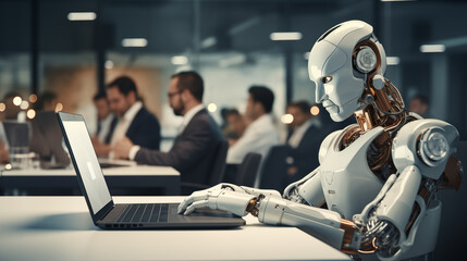 Fototapeta premium Advanced humanoid robot working on laptop ai generated portrait image