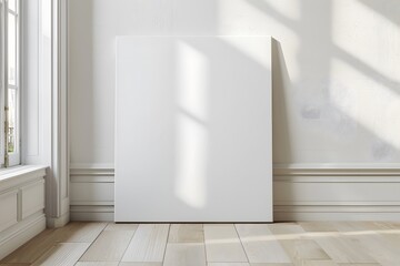 front view of one white blank canvas leaning against the wall 