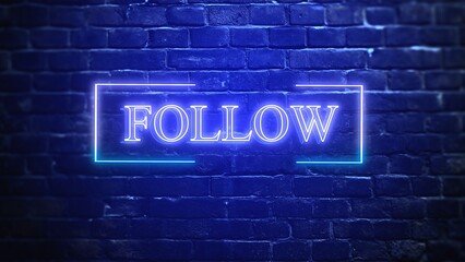 Neon sign with a modern design on a brick blue wall background