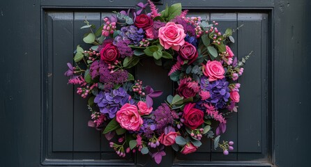 Fototapeta premium Purple, Pink, and Blue Floral Wreath on a Gray Door