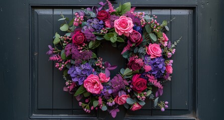 Purple, Pink, and Blue Floral Wreath on a Gray Door