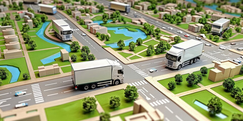  Logistics and delivery trucks on a miniature city model, urban transportation distribution. Model city with roads, buildings, and greenery showcasing the logistics network and delivery system..