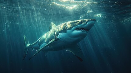 Fototapeta premium Majestic great white shark swimming underwater, beautifully lit by sunlight streaming through the ocean surface, showcasing its powerful presence.