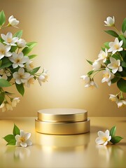 round golden podium on a light golden background, jasmine flowers are next to the podium