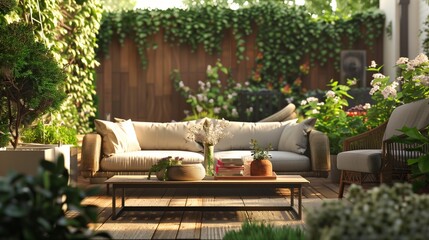 An outdoor terrace with a comfortable sofa and a coffee table.