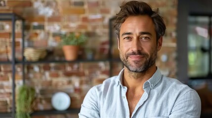 Obraz premium Confident Man With Arms Crossed, Standing in Front of Brick Wall