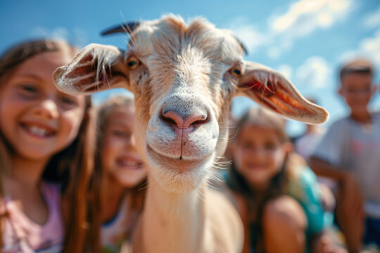 a goat with a group of children in the background