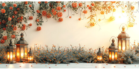 Rustic lanterns surrounded by orange flowers and soft lighting, perfect for cozy and inviting design concepts. Islamic New Year.