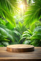 Wood tabletop podium floor in outdoors tropical garden forest blurred green leaf plant nature background