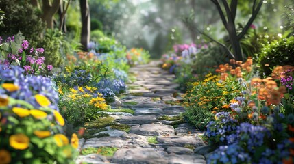A beautiful garden with a stone pathway and a mix of colorful flowers.