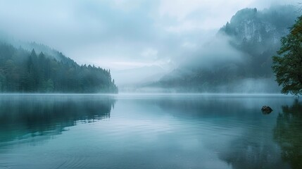 calm lakes with fog in morning, Fussen, Geramany