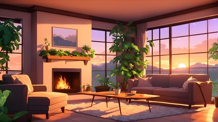 ozy-living-room-with-fireplace-and-greenery-animated-virtual-backgrounds-stream-overlay-loop-sofa