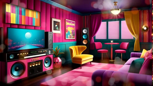 Cozy karaoke room with colorful lighting and modern decor, seamless 4K looping time-lapse animation background.