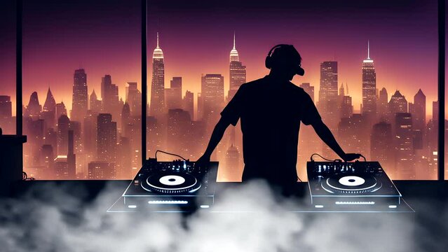 Silhouette of a man DJing with a turntable in a modern studio against a vibrant city skyline at sunset, seamless 4K looping time-lapse animation background.