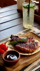 Food in a restaurant with meat pork, steak, sausages, tartar on a table with drinks on a summer terrace